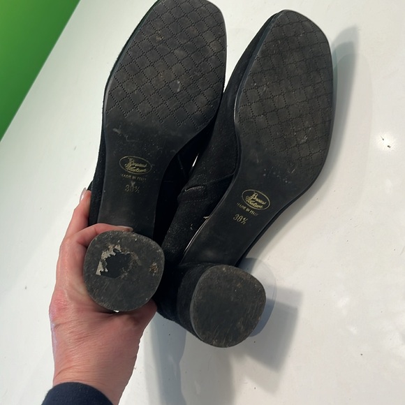 Funky suede black booties with gold ribbon accent on back. Heel is round. - Picture 4 of 4